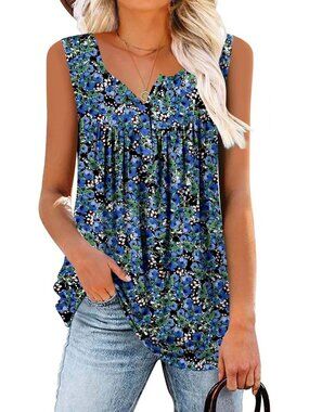 Women's Blue Green Tank Tops Pleated Blouse Summer Sleeveless Tops Basic